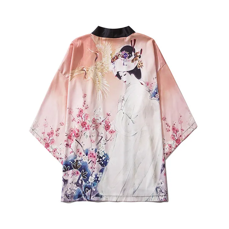

Традиционное японское кимоно с принтом, топы для пар, Восточный этнический кардиган, кимоно Haori, унисекс, тонкая Свободная шифоновая одежда ...