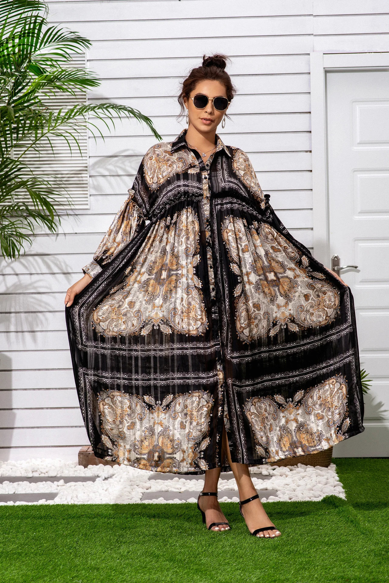 

Европейское и американское золотистое шелковое шифоновое платье с длинным рукавом-фонариком, кружевное свободное платье-рубашка с лотосом...