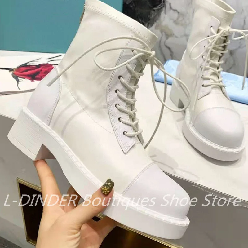 Harga Sepatu Bot Wanita Hitam Bertali L-DINDER Sepatu Bot Martin Pergelangan Kaki Ramping Platform Datar Ujung Bundar Sol Tebal Sepatu Bot Luar Ruangan Hak Tebal