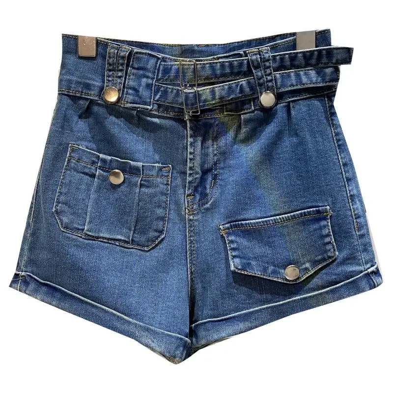 

2021 Summer Vintage Women Denim Shorts Pocket Double Belt Design Punk Street Three Point Denim Straight Shorts