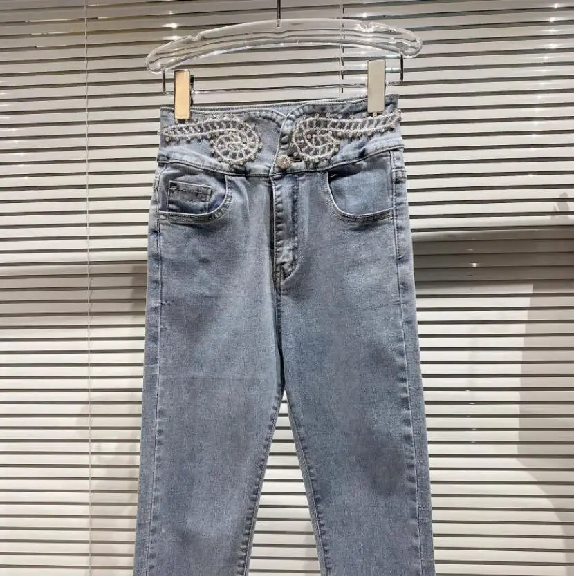 

Spring High Waist Head Rhinestone Beaded Temperament Slim Pencil Pants Jeans Womens Stretch Skinny Jean Girls Denim Pants s647