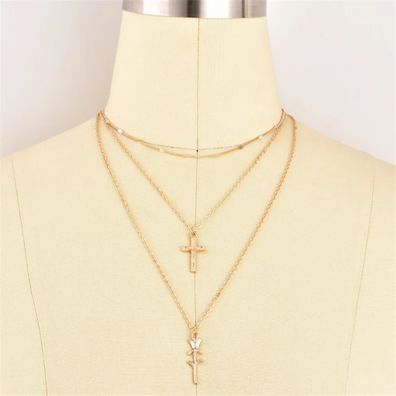 

Personality New Golden Cross Rose Flower Pendant Multilayer Necklace for Women