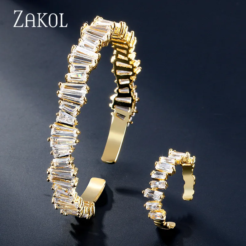 ZAKOL роскошный квадратный кубический цирконий регулируемый браслет кольцо Набор