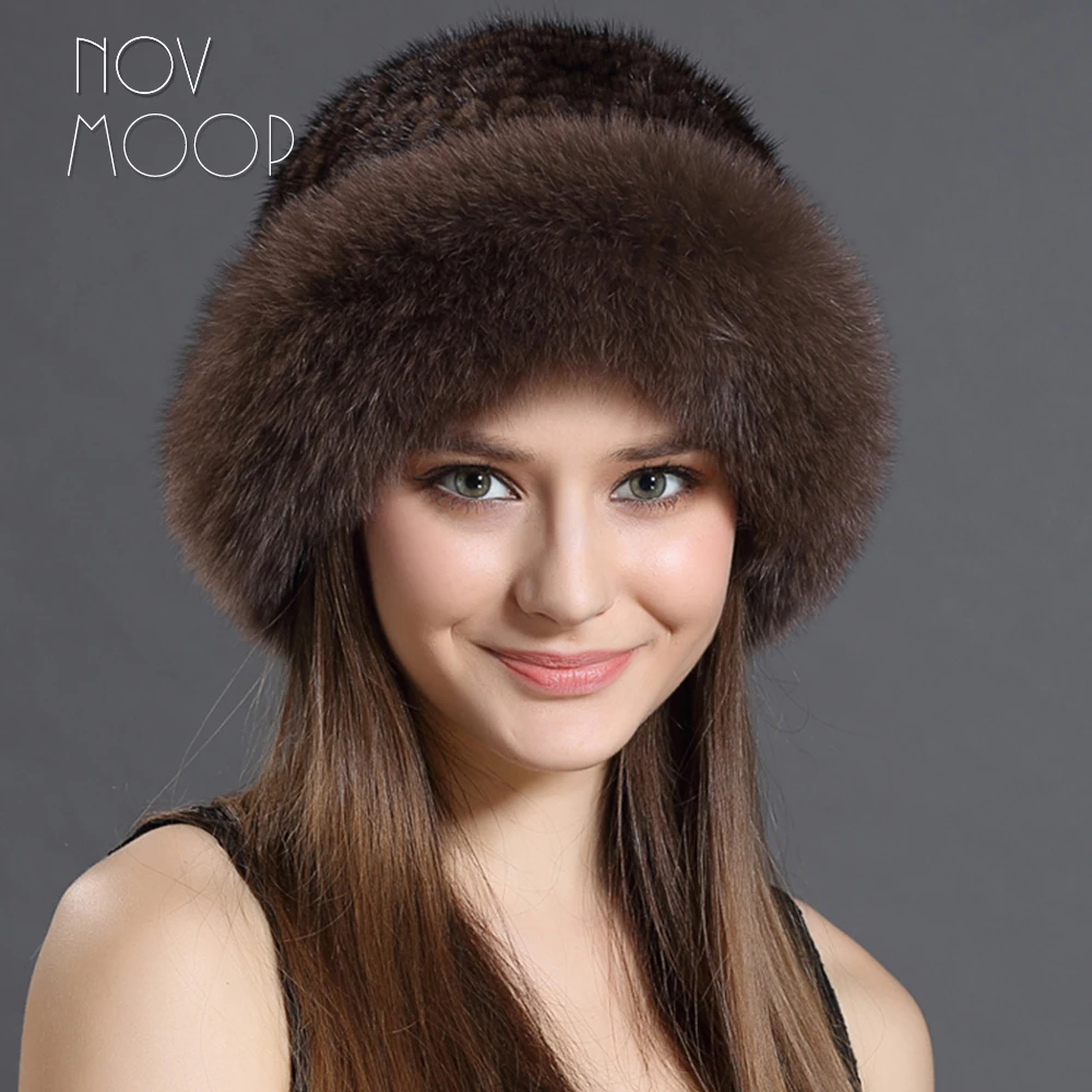 Novmoop genuine fox and mink fur winter hat luxurious style for elegant women super warm adjustable circumference LT3309