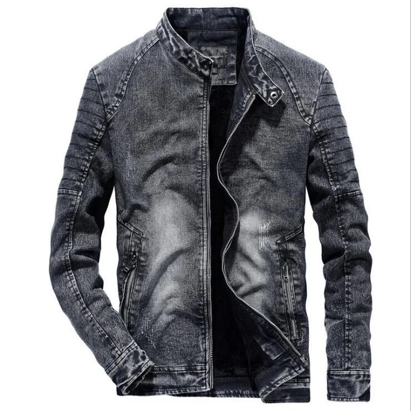 Джинсовая куртка мужская приталенная винтажная однотонная бархатная модная в