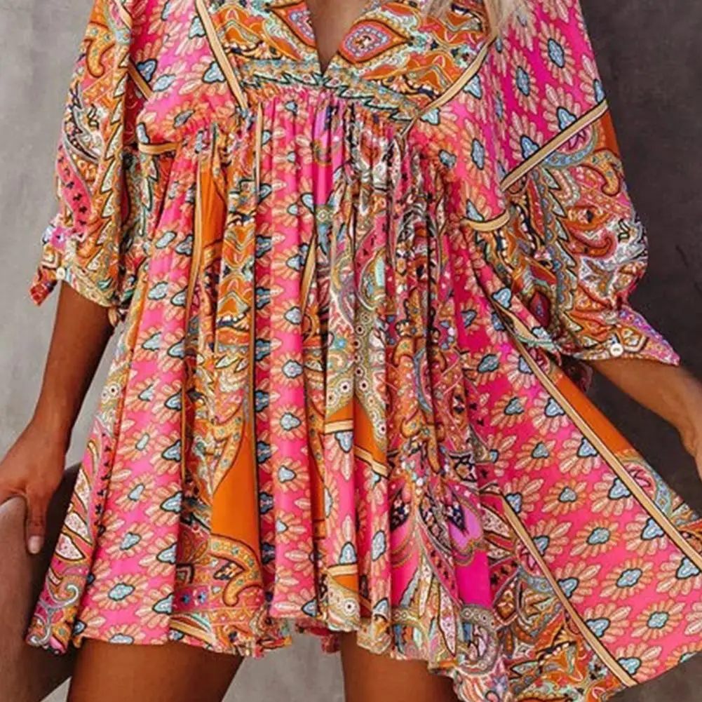 

Bohemian Deep V Neck Mini Dress Pleated Hem Popular Women 3/4 Sleeve High Waist Print A-Line Tunic Dress Streetwear Daily Wear