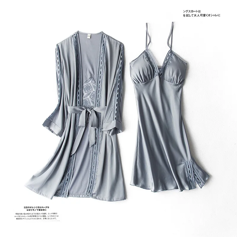 

Hollow Out Sleepwear Sexy V-neck Mini Kimono Bathrobe Gown Twinset Robe Suit Womren Satin Casual Rayon Bridal Wedding Nightwear