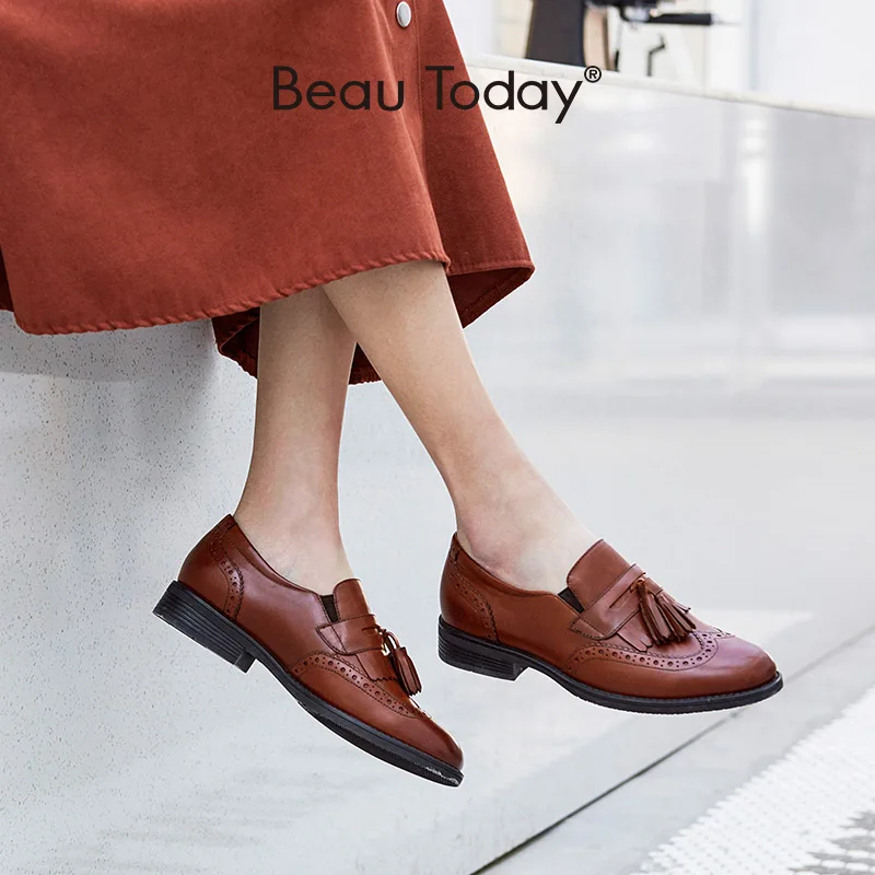 Туфли BeauToday женские с бахромой натуральная телячья кожа броги круглый носок