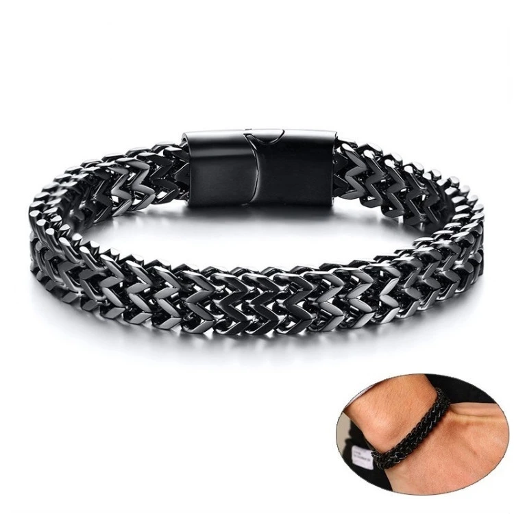 

2021 New Men's Double Wheat Chain Bracelet 8.5 Mm Stainless Steel Black Silvery Punk 19/21 Cm