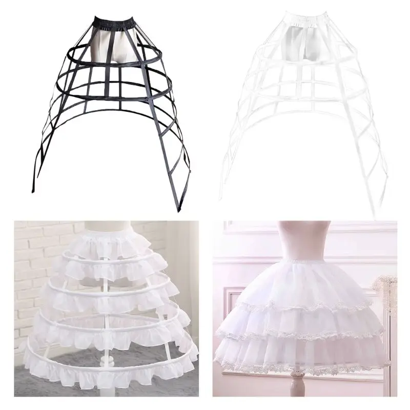 

Women 5 Hoops Skirt Pannier Petticoat Hollow Bird Cage Cutout Crinoline Underskirt Ruffles Elastic Waist Lolita Bustle