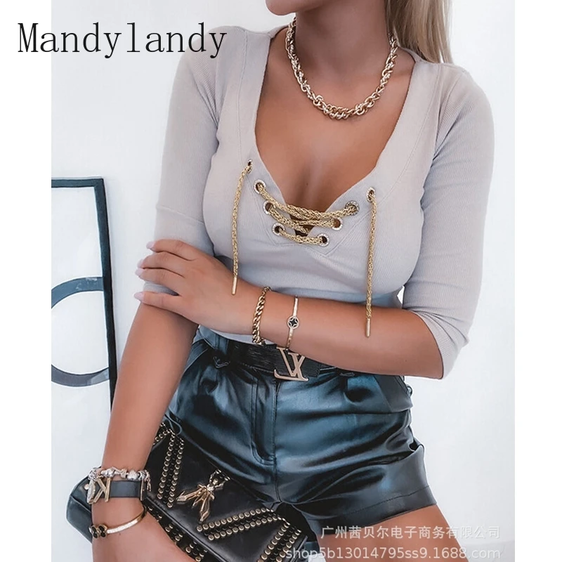 

Mandylandy, осенняя модная Однотонная футболка с V-образным вырезом и длинным рукавом, Женская Повседневная облегающая футболка, Топ