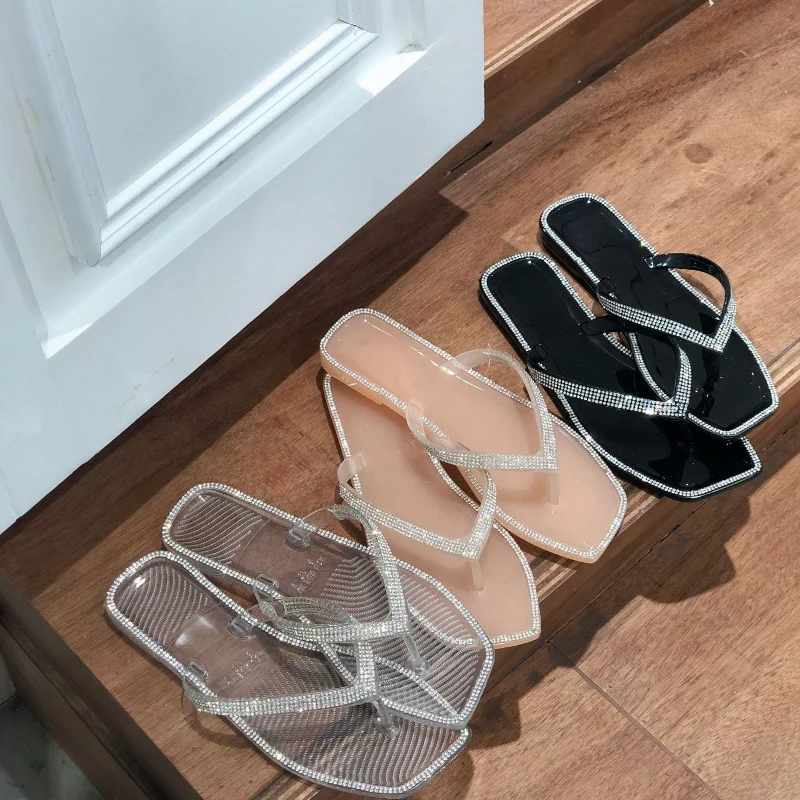 

Летние Новые шлепанцы женская обувь со стразами стразы на плоской подошве гелевая обувь верхняя одежда