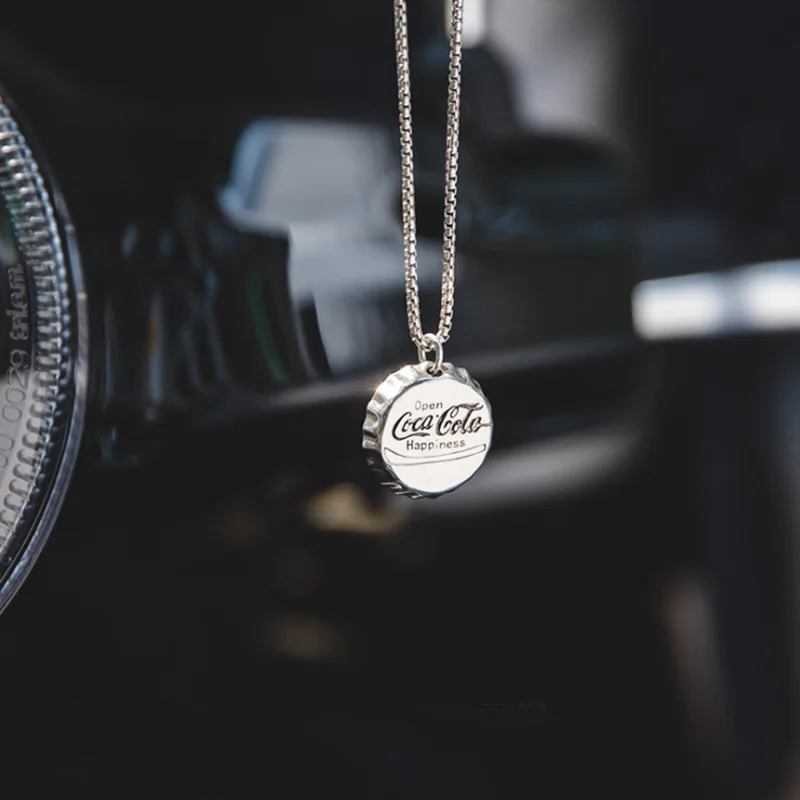 

Vintage Coke Bottle Cap 925 Silver Necklace Fashion Street Hip Hop Pendant Necklace Men and Women