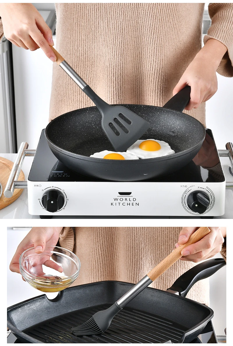 12 Pieces Cooking Tools Set Silicone+Wood Handle Kitchen Cooking Utensils Set with Storage Box Turner Tongs Spatula Soup Spoon