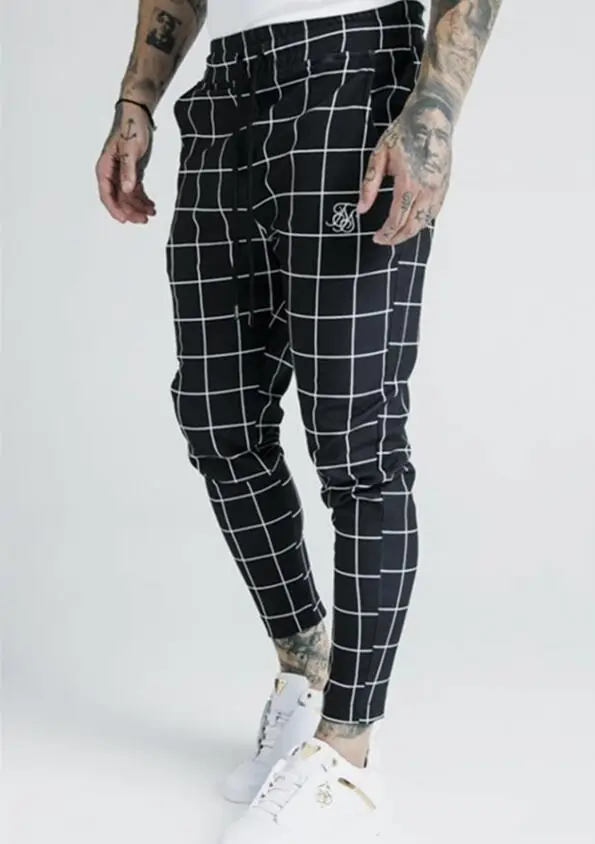 2019 Men's Fashion New Polyester Plaid Flocking Printing Casual Thin Sik Silk Sweatpants Street Hip-Hop Slim Trousers | Мужская