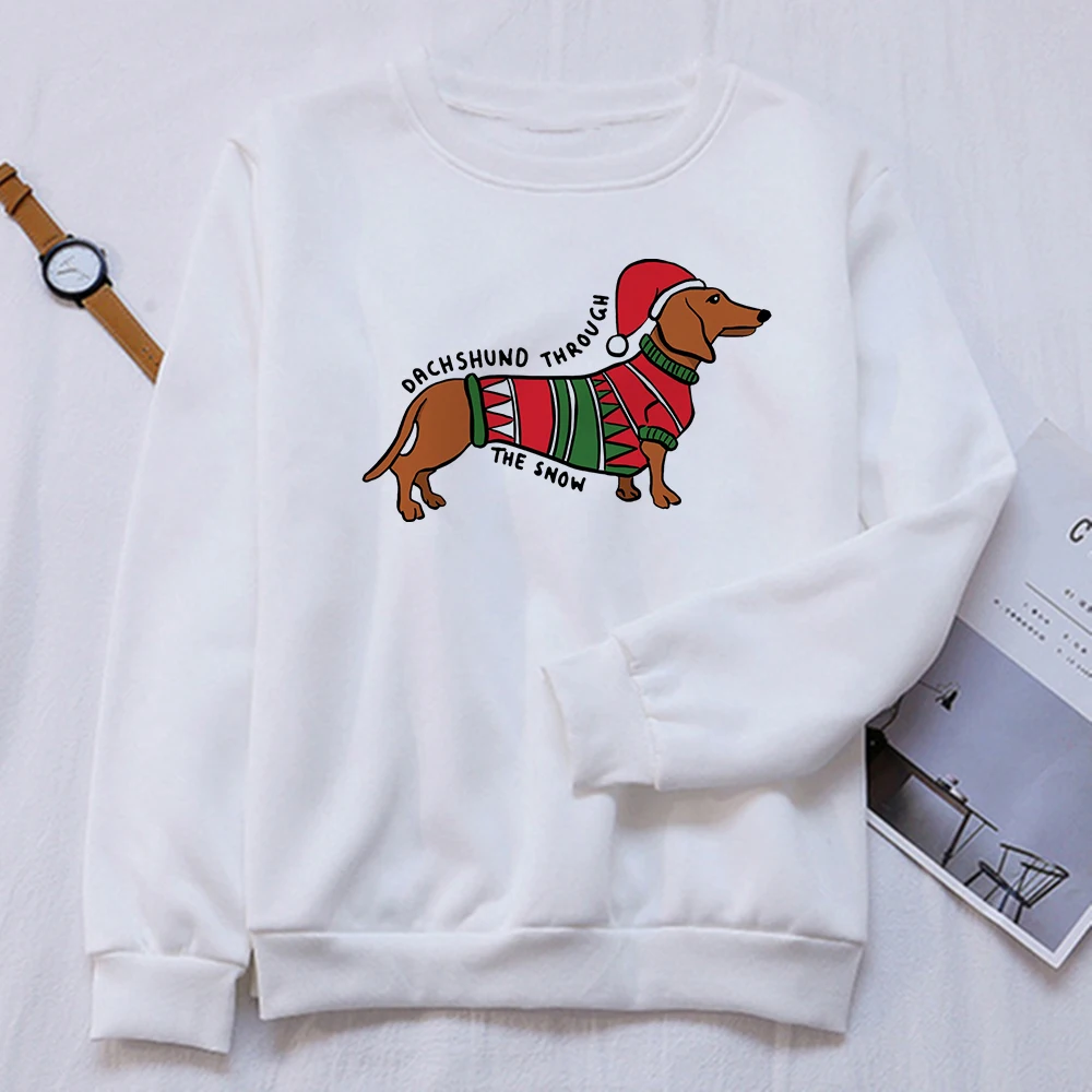 

Fashion Merry Christmas Sweatshirt DACHSHUND THROBGH THE SNOW Letter Hoodies For Women Nimation Cheap Versatile Modern Pullover