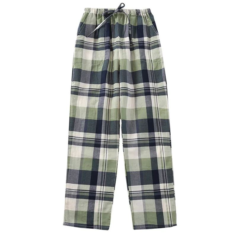 Women Cotton Gauze Pajama Sleepwear Pants Leisure Plaid Men Sleep Long Pants Drawstring Sleep Bottoms Casual Homewear Trousers