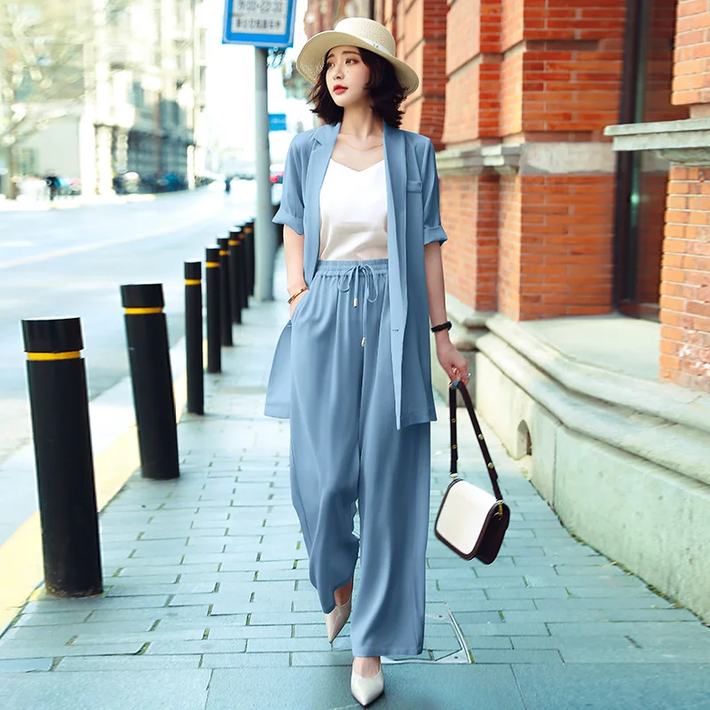 Женский брючный костюм из двух предметов повседневный шифоновый длинный