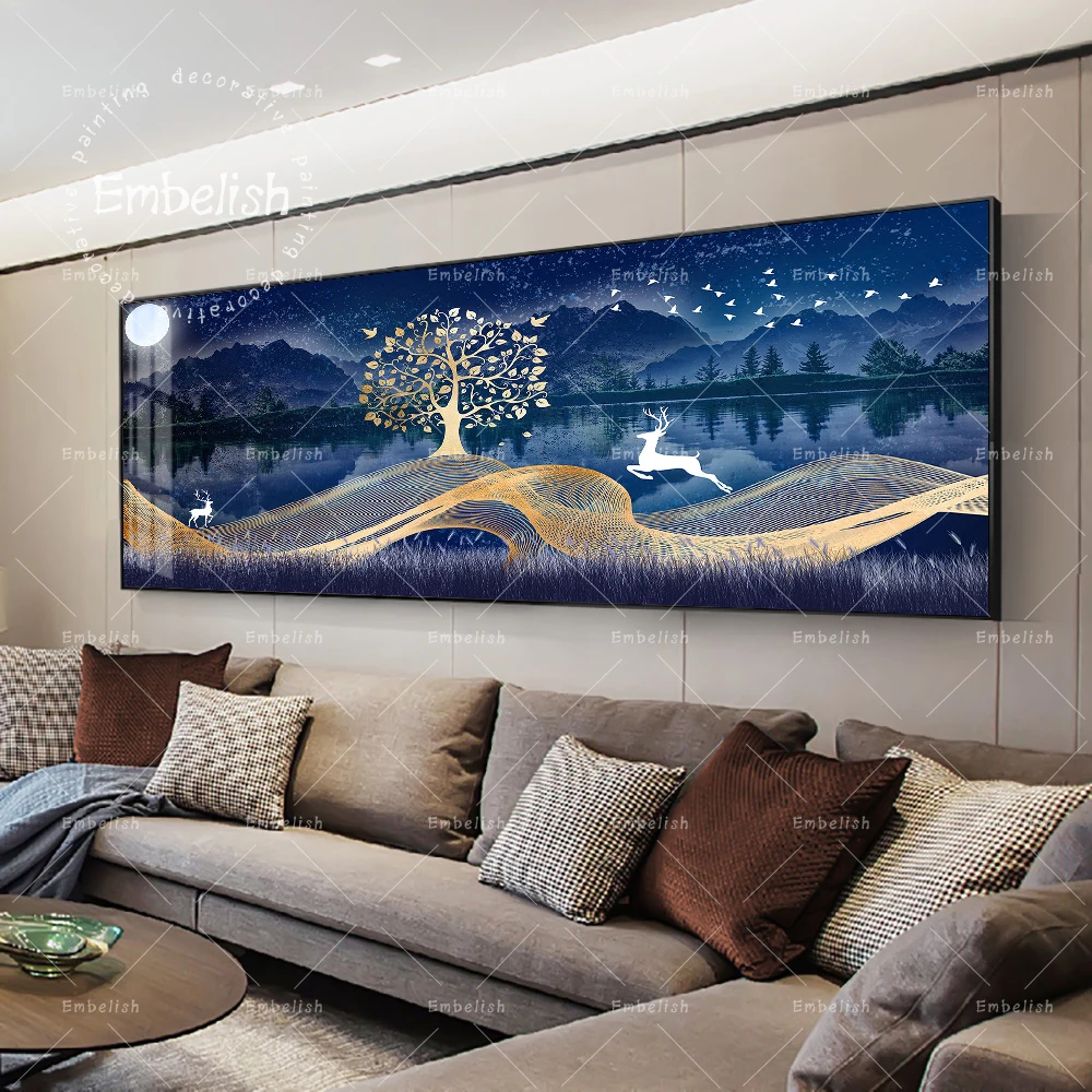 

1 Pieces Modern Home Decor Landscape Jumping Deer And Golden Tree Wall Art Pictures For Living Room HD Canvas Paintings Posters