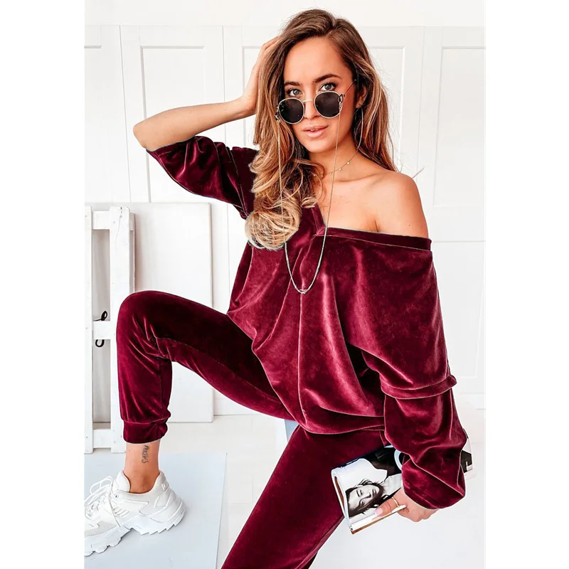 

Женский бархатный тренировочный костюм, однотонный повседневный костюм из двух предметов с открытыми плечами, топ с V-образным вырезом и бр...