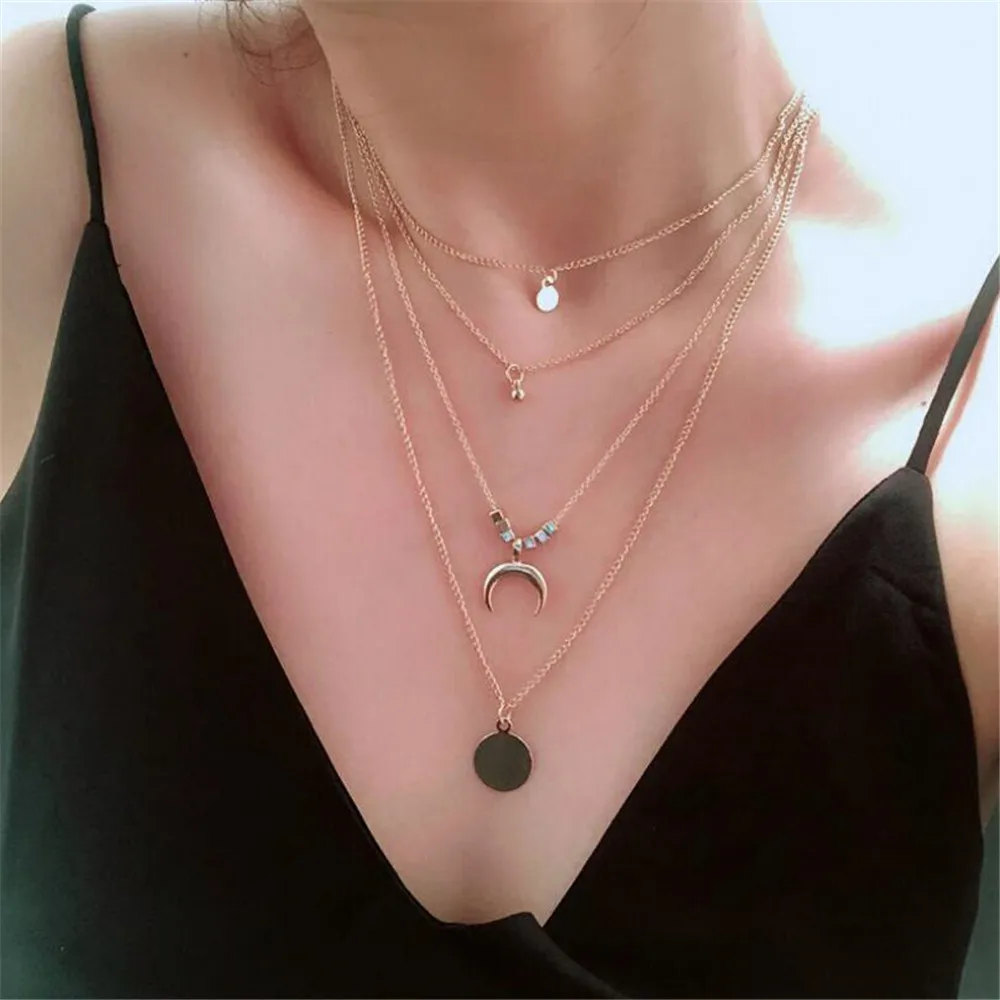 

2020 new fashion multi-layer retro necklace female boho style four-layer tassel necklace moon disc metal pendant jewelry gift