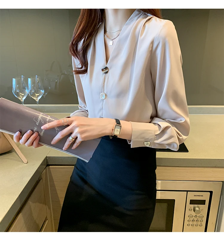 

Houthion Fashion Blouses Casual Blouse V-neck Chiffon High-end Top Summer Shirt Comfortable New Long-sleeved