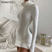 wannathis long sleeve hight neck sexy mini bodycon dresses women autumn winter cotton white skinny elastics elegant dress solid