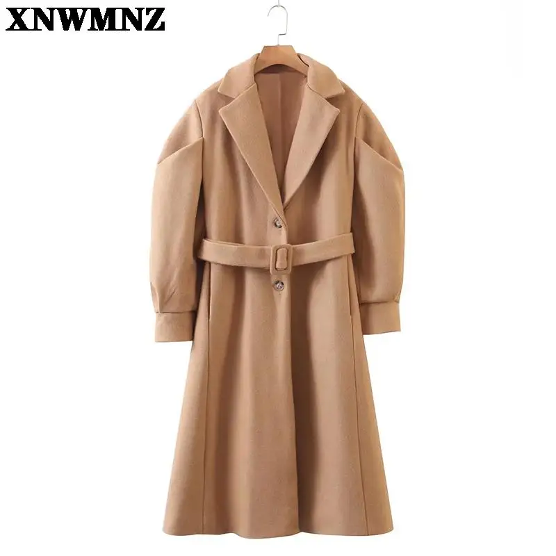 

XNWMNZ 2021 winter women khaki woolen coat warm thick with slash elegant puff long sleeve coat female overcoat