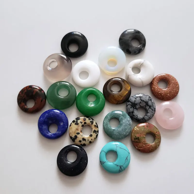 

Rose Quartzs High Quality Assorted Natural Stone Gogo Donut Charms Pendants Big Hole Loose Beads 18mm for Diy Jewelry Making