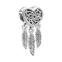 retro heart dreamcatcher pendant fit original pan charms bracelet feather tassel dream catcher bead diy jewelry for women dangle