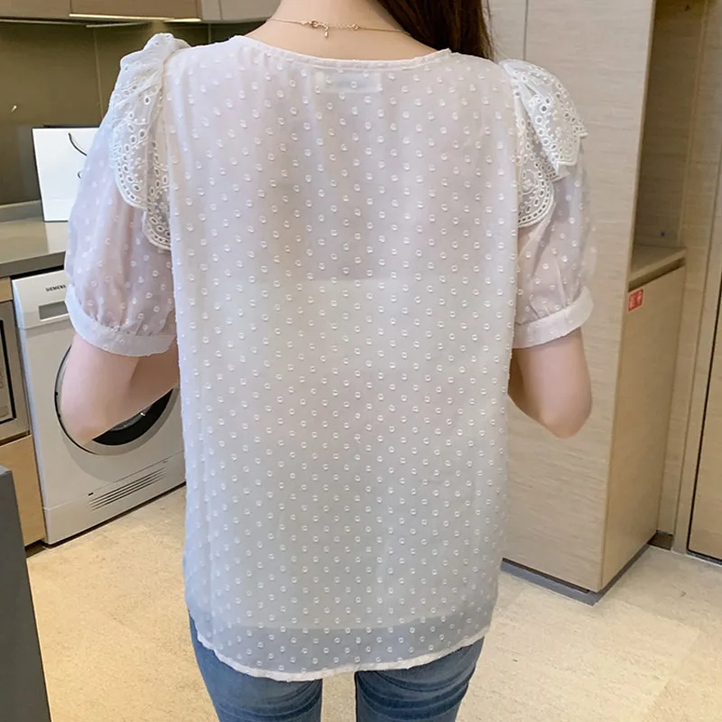

Blusas Mujer Chiffon Shirt Summer Shirt Korean Slim Puff Sleeve Short Sleeve Blouse Ruffled Lace Polka Dot Women Tops 14437
