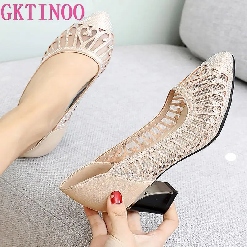 

GKTINOO 2021 New Summer Fashion Pumps Cut-outs Women Crystal Casual Ladies Shoes High Heels Tenis Feminino Genuine Leather
