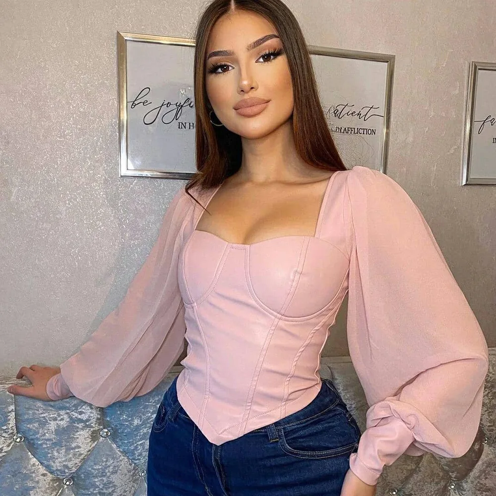 

Women Mesh and PU Leather Patchwork Cropped Tops T shirt Lantern Sleeve Slim Corset Tops Square Collar Gothic Vintage Tees