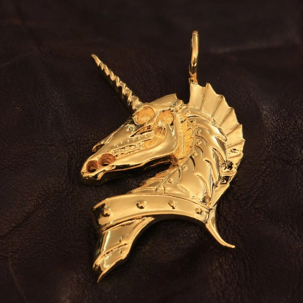 

LINSION Gold Plated Brass Skull Unicorn Pendant Mens Biker Rock Punk Jewelry GP207 JP