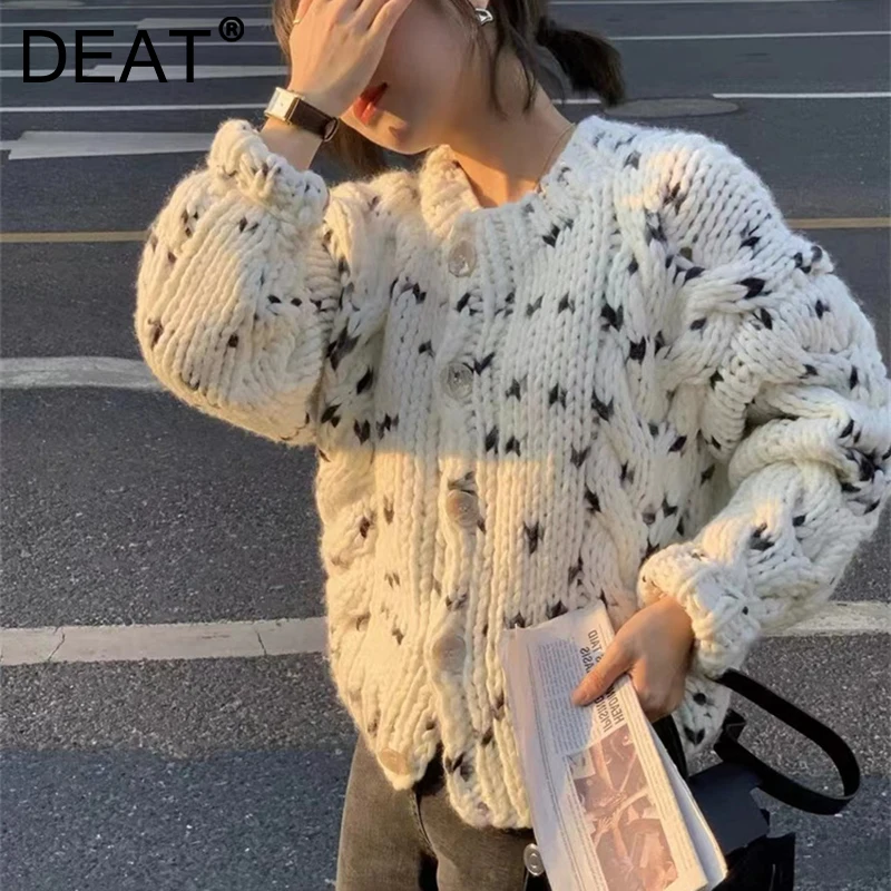 

Женский однобортный Кардиган DEAT, однобортный толстый кардиган контрастных цветов с круглым вырезом, 7Z381, Осень-зима 2021