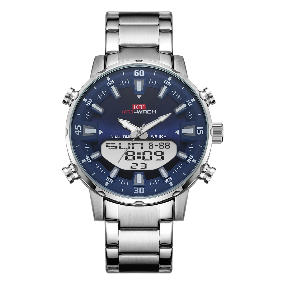 KT1815Blue KT New Mens Watches with Stainless Steel Dual Display Waterproof 3D Dial Analog Digital Chronograph Male Sport Style KT1815 - Цвет: KT1815Blue
