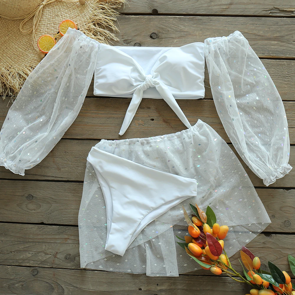 

2021 сексуальный комплект бикини из трех предметов, купальник-бандо, женский купальник, Бразильское бикини с блестками, купальный костюм, пля...