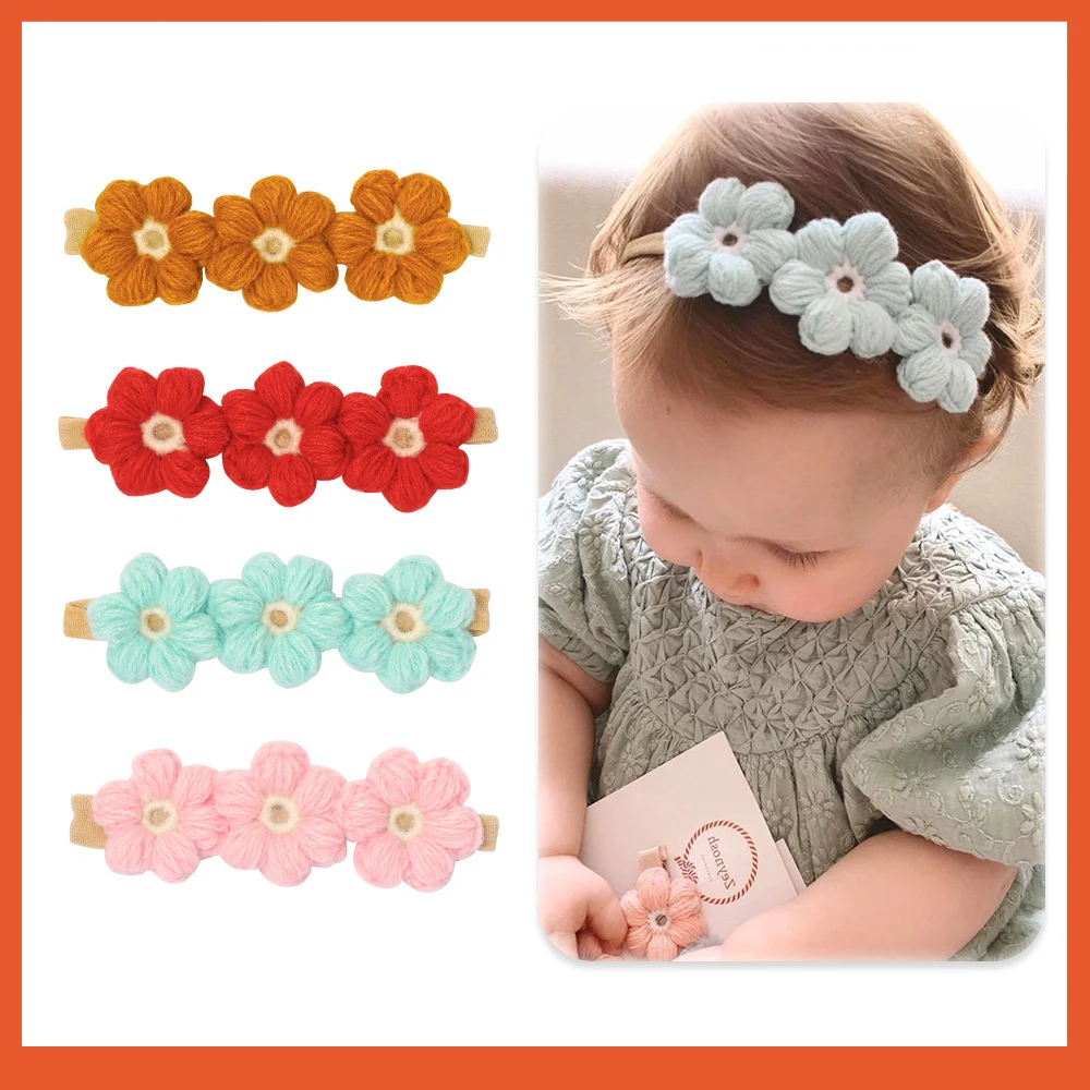 

Лидер продаж, детская Милая шерстяная вязаная заколка для волос ручной работы, милая нейлоновая бесшовная повязка на голову с цветами для м...