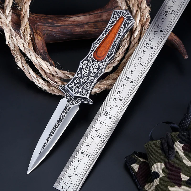 

Stainless Steel Carved Wooden Handle Folding Knife Tactical High Hardness Hunting Knife Outdoor Survival Multifunctional Knife