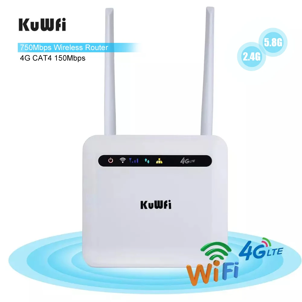 

KuWFi 2.4G&5.8G SIM Wifi Router 4G LTE CPE Router 750Mbps Unlocked 4G FDD/TDD With RJ45 Lan Port Support 32 Wifi Users