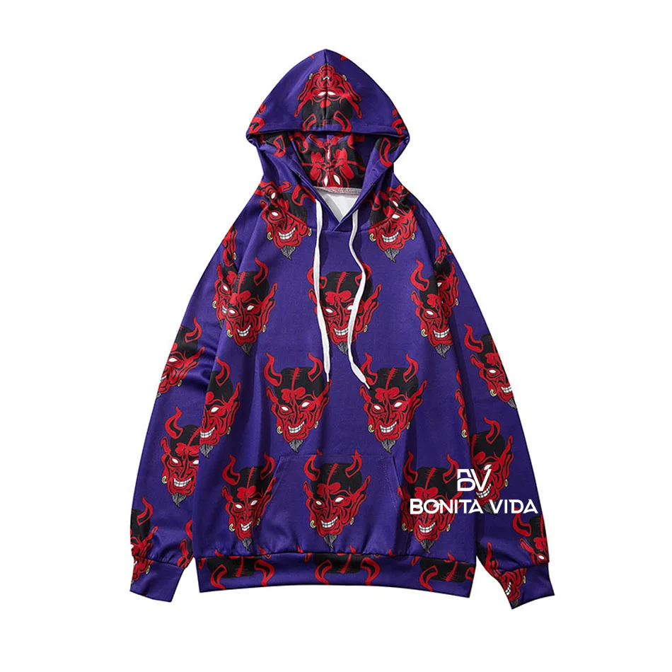 Bonita Vida Devil напечатаны хип-хоп толстовки для мужчин мода уличная Harajuku японский Ukiyo E Гавайский фиолетовый Свитшот