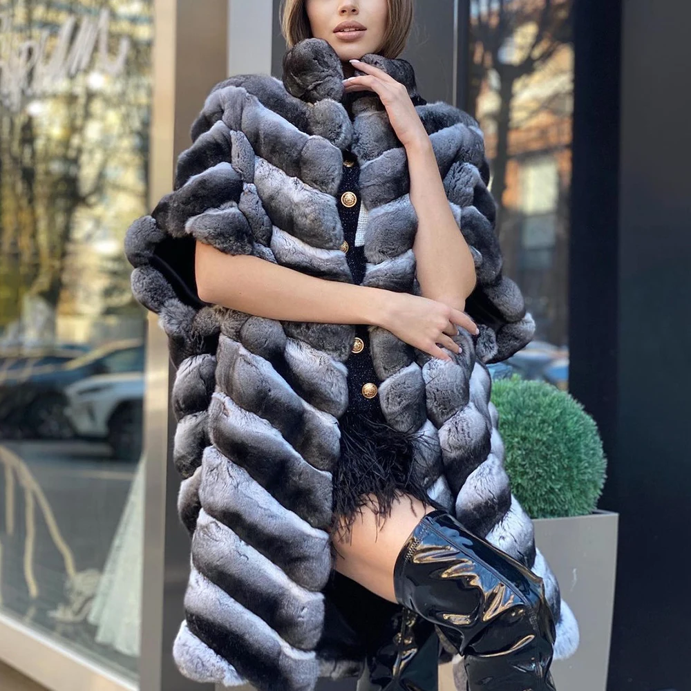 Enlarge Fashion Long Real Rex Rabbit Fur Coats Stand Collar Women Trendy Winter Full Pelt Genuine Rex Rabbit Fur Coat Chinchilla Color