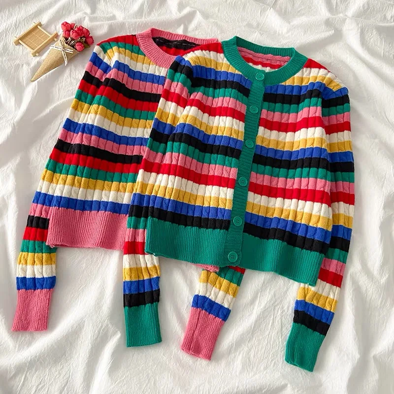 

Vintage Striped Sweater Women Autumn And Winter Elegant Colorful Stripe Slim Cardigan Casual O neck Long-Sleeved Sweater Coat