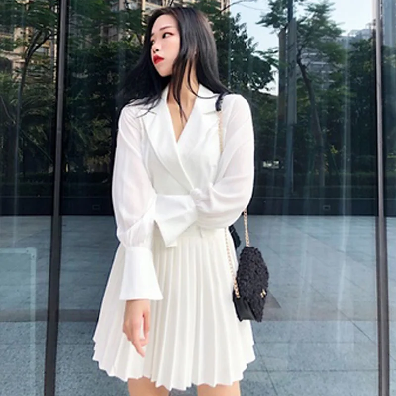 Женское офисное платье однотонное плиссированное с рукавом-фонариком | Женская