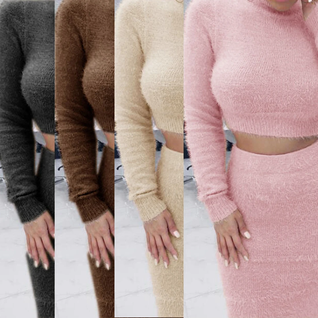 

Women Knitted Sweat Skirt Suit Autumn Fleece Crop Tops Bodycon Skirt Long Sleeve Two Piece Set Sweater And Pencil Skirt For Lady
