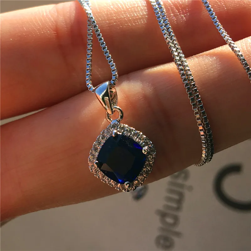 

Elegant Female Square Pendant Necklace Fashion Silver Color Wedding Necklace Classic Green Blue Zircon Necklace For Women