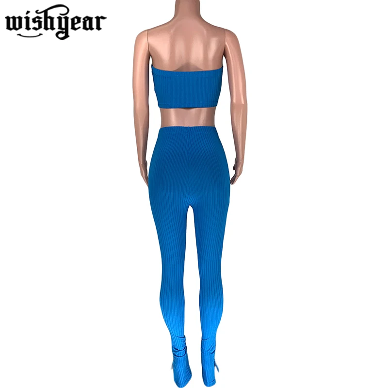 

2020 Women Knitted Sets Summer Tracksuits Strapless Crop Top+Pants Suit Two Piece Set Night Club Party Outfits Matching Set