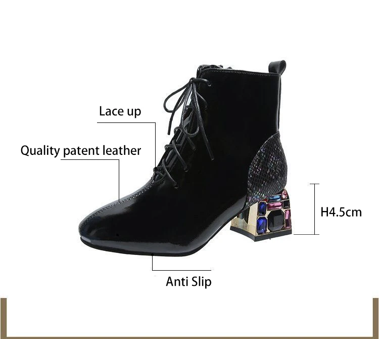 

Ankle Boots for Women Patent Leather Chunky Boots Zipper and Lace up Short Chelsea Boots Rhinestone Round Toe Women Boots