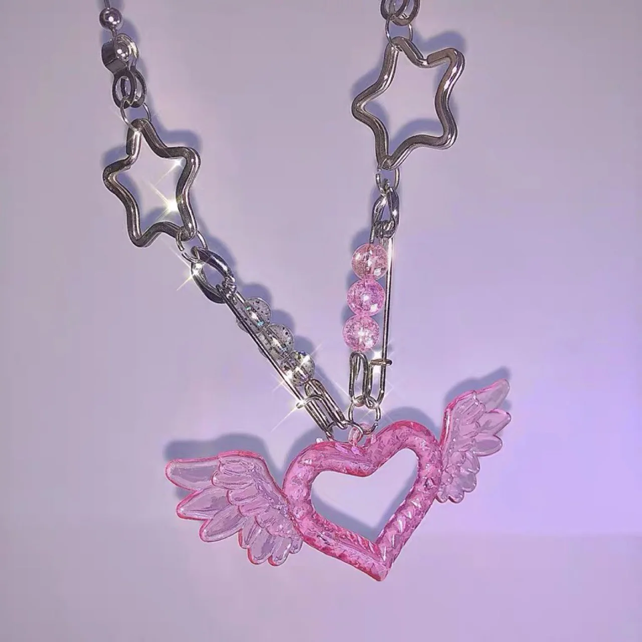 

Aesthetic Egirl Acrylic Y2K Transparent Hollow Love Harajuku Pink Wing Jewelry Angel Pin Vintage Wave Round Beads Chain Necklace