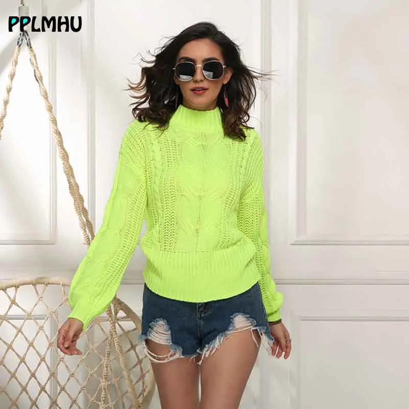Big size knit sweater Half Turtleneck women Autumn and winter Fashion fluorescence color Warm Pullovers New arrival ladies tops | Женская